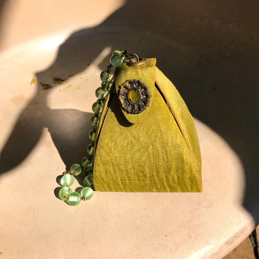 Olive green beaded silk purse